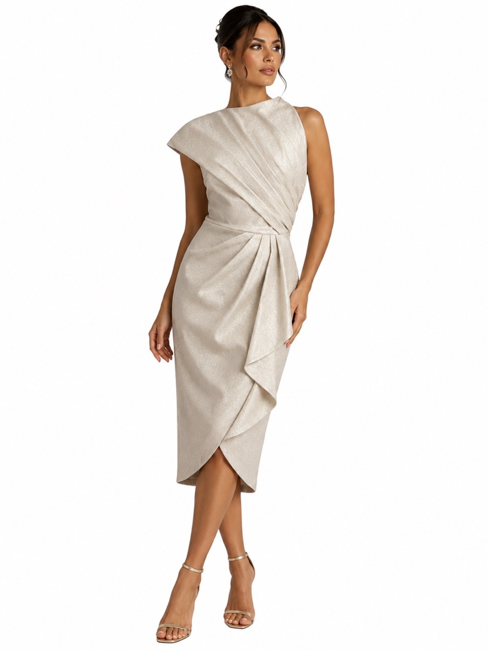 NWT THEIA $495 SAMPLE One-Shoulder Champagne Metallic Draped Sheath Dress Sz 4